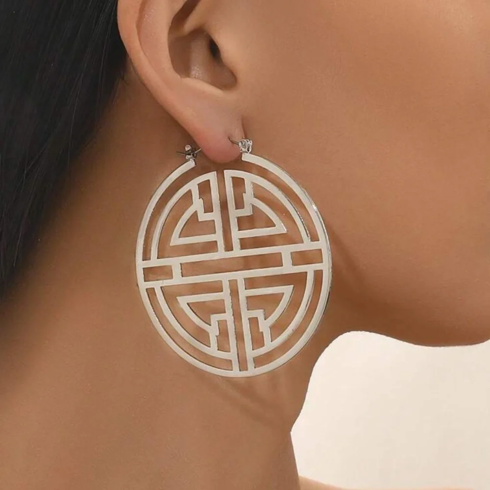 Silver Hoop Geometric Cutout Statement Earrings